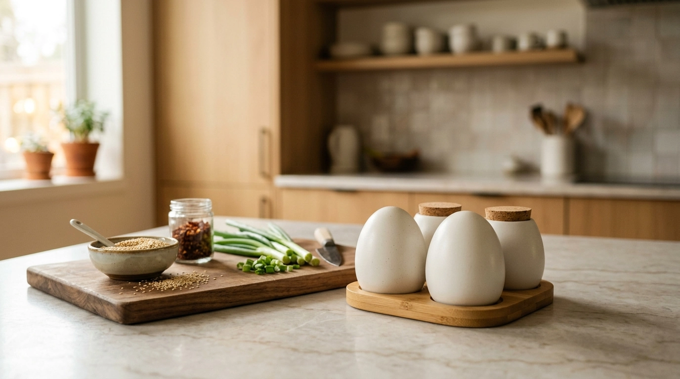 Egg-Shaped Ceramic Seasoning Jars with Bamboo Base