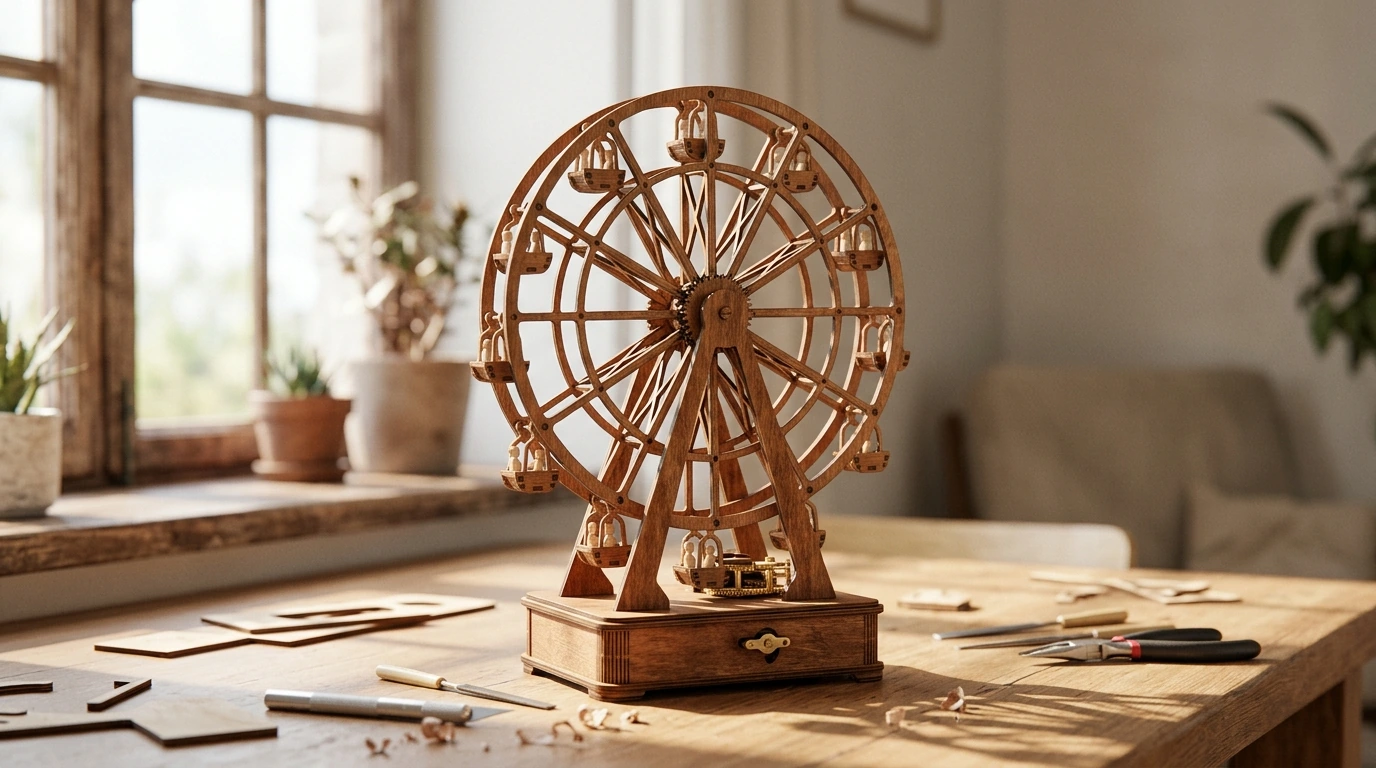 DIY Rotating 3D Wooden Ferris Wheel Model with Music