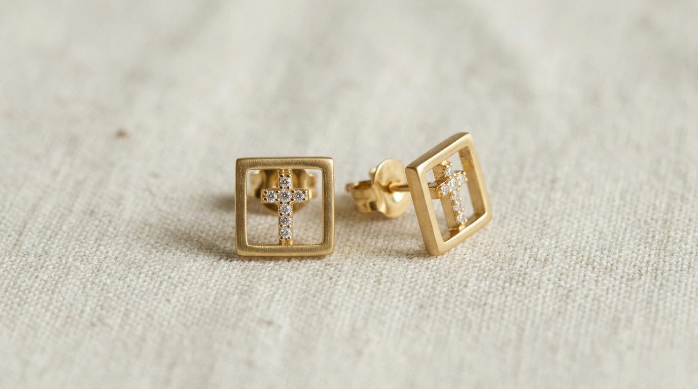 Square Cross Moissanite Studs in Gold-Plated 925 Silver