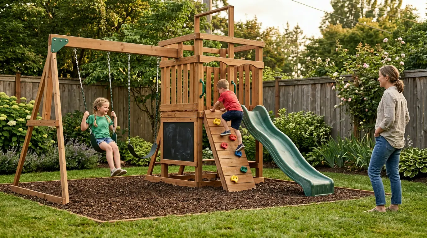 Wooden Swing Set: Dual Swings, Slide, Wall & Chalkboard